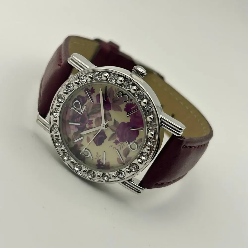 Floral Dial Crystal Bezel Women’s Watch Brown Leather Working New Battery